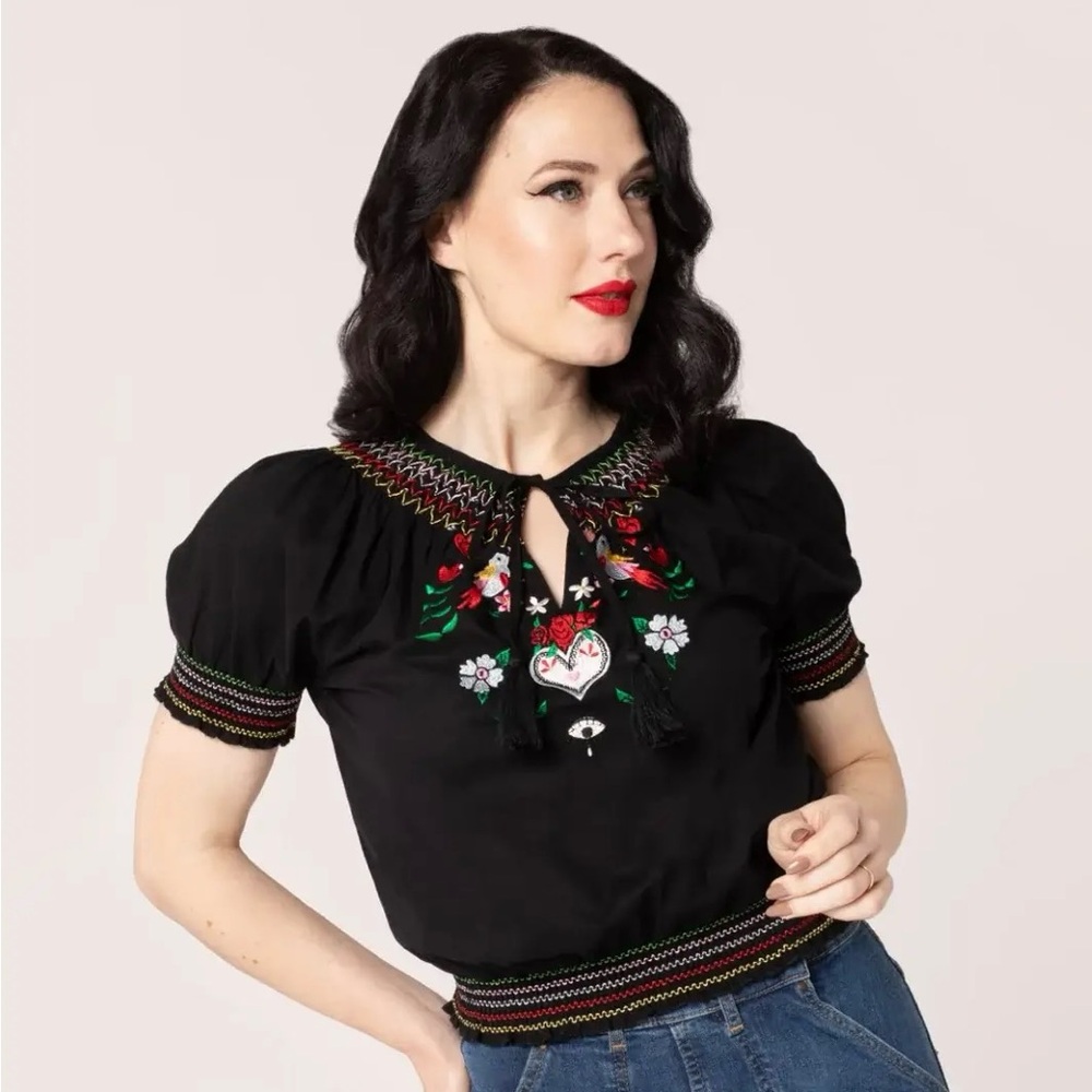 Hell Bunny Embroidered Black Tessie Top NEW